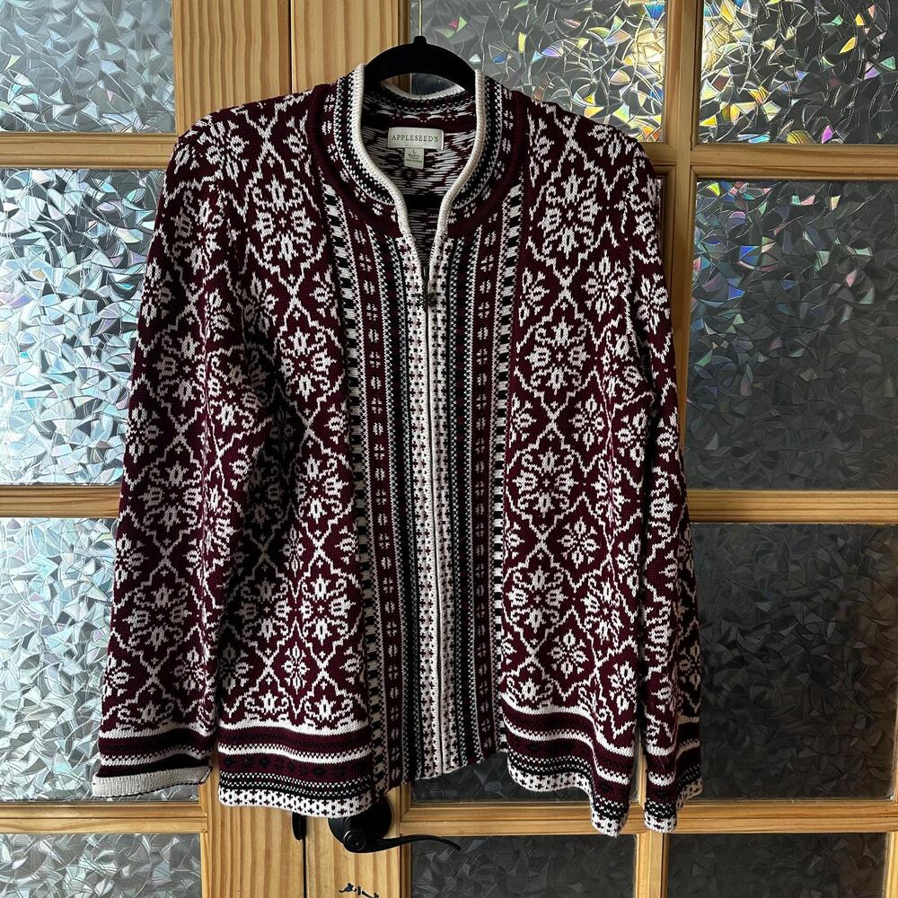 Appleseeds Full Zip Knit Sweater Yarn Romantic Coquette L Snowflake Zip Mock